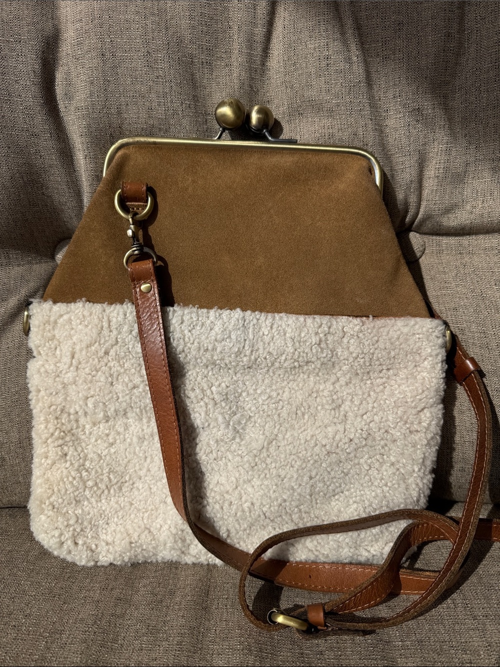 Patricia Nash Brown Suede and Cream Shearling Kiss-Lock Crossbody